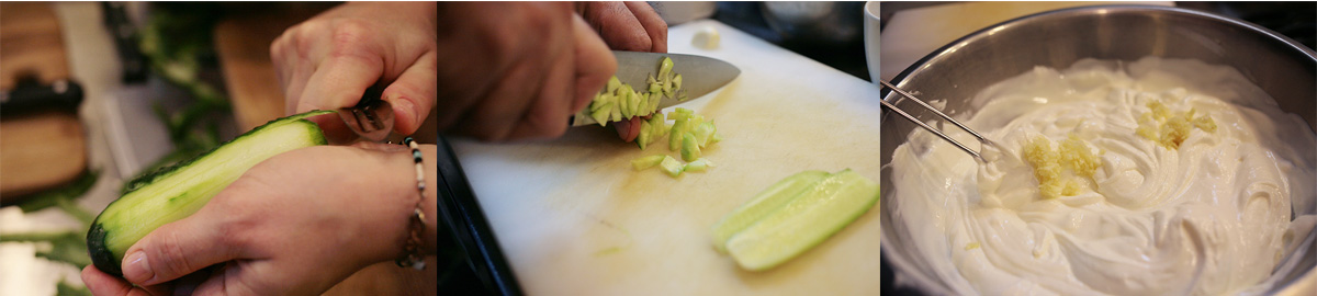 Cucumbers. Peeling and chopping. Traditional Greek tzatziki.