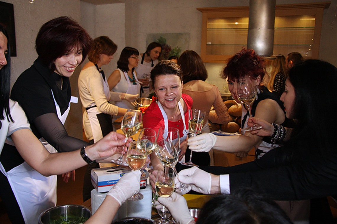 Participants of masterclass. The birthday of “My Friends” cooking school. Cooking school in Ukraine.