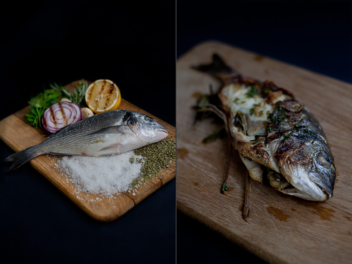 Grilled dorado. Olive oil tasting during lesson "Greek Сuisine". Cooking classes in Ukraine.