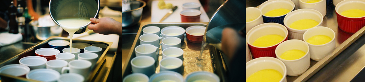 Pour the custard into ramekins