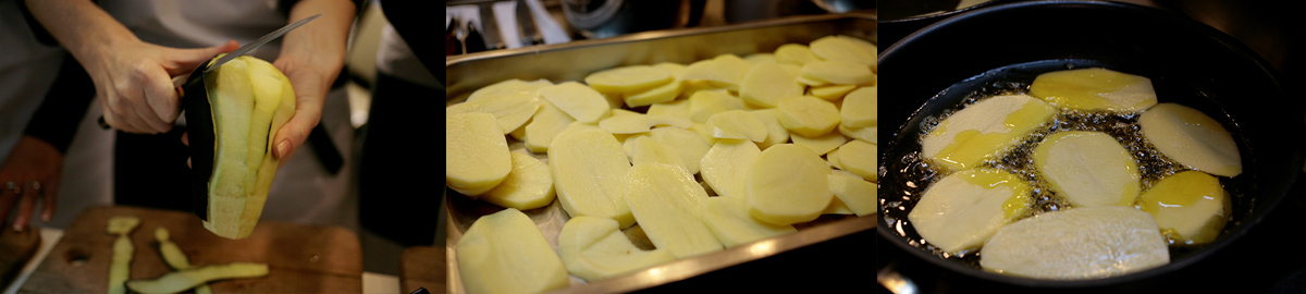 Frying of vegetables. Traditional Greek moussaka.