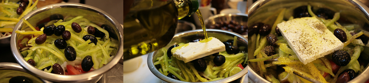 Add feta to Sothern Horiatiki salad. Cooking at home with step-by-step recipes.