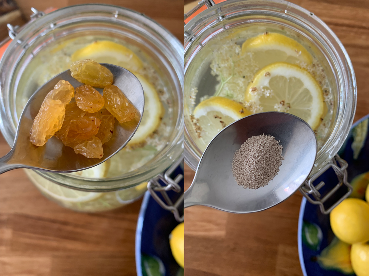 Add raisins and yeast.