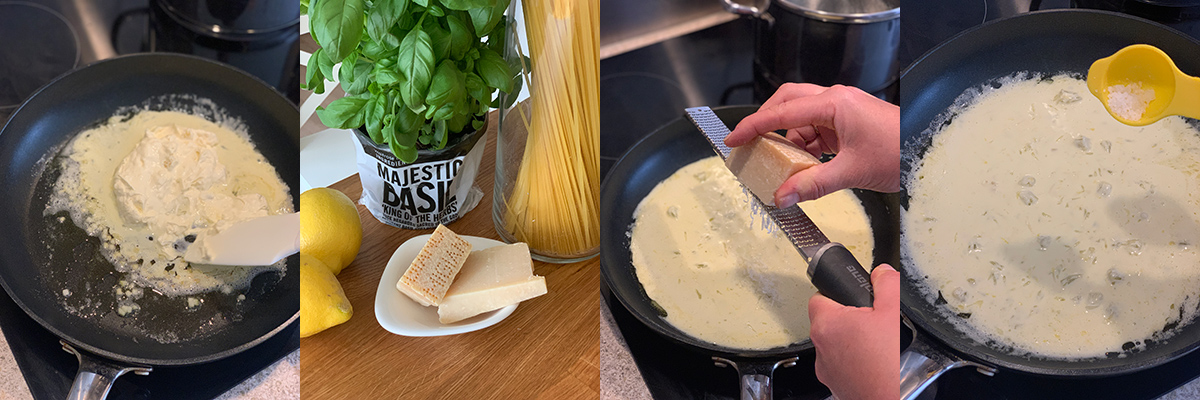 Preparing sauce. Lemon spaghetti. Delicious recipes from famous chefs.