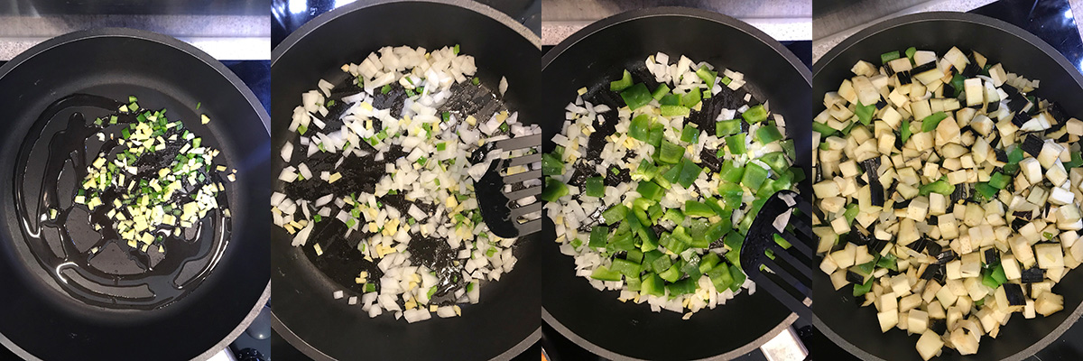 Frying. Aubergines vegan green curry by Andrei Velichko.