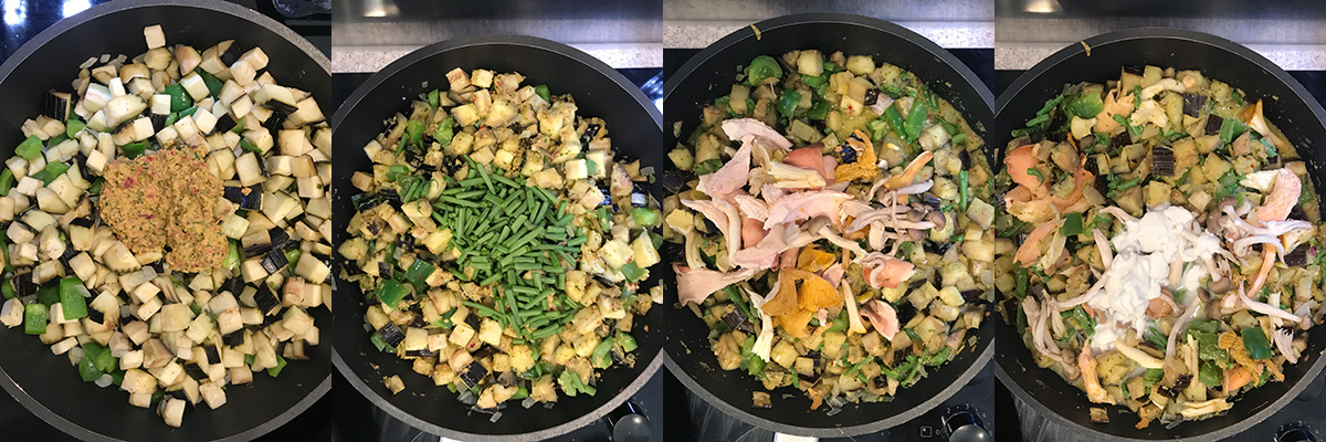 Frying. Aubergines vegan green curry by Andrei Velichko.