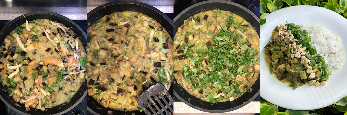 Cooking process. Aubergines vegan green curry by Andrei Velichko.