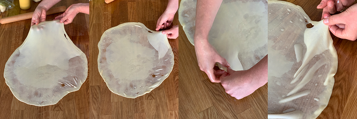 Stretching the dough. Rose petal jam & walnuts vertuta pastry. Best cooking recipes with step-by-step photos.