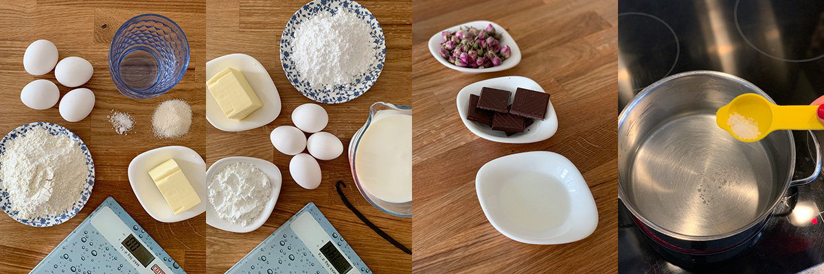 Ingredients for chocolate-glazed éclairs. Cooking at home with step-by-step recipes.