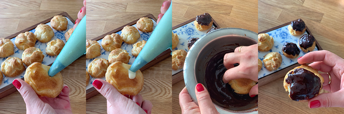 Cream. Odessa chocolate-glazed éclairs. Cooking at home with step-by-step recipes.