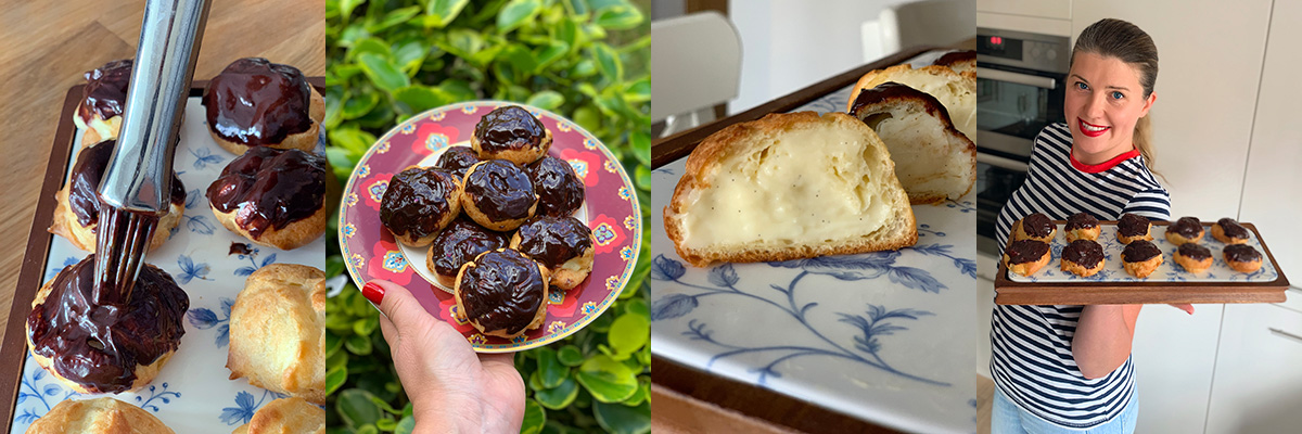 Eclairs glazed with chocolate.