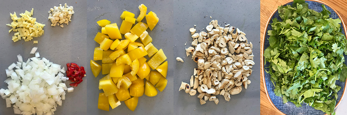 Chopped ingredients. Thai yellow chicken curry by Andrei Velichko.