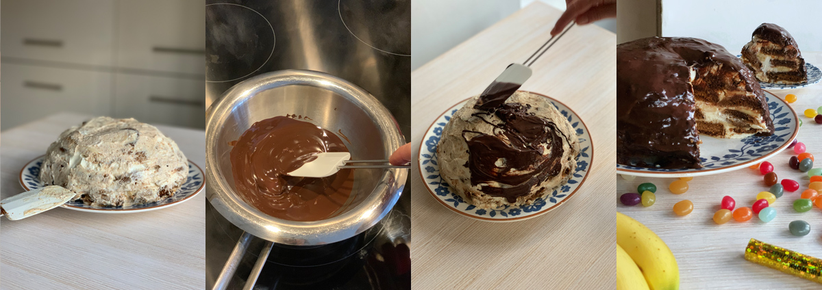 Banana cake - pour the melted chocolate over the cake
