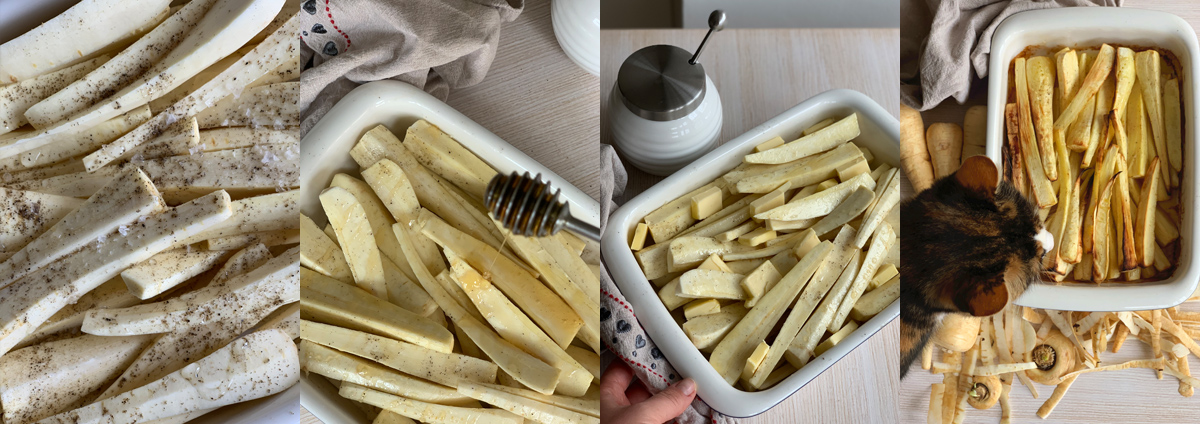 Honey-roasted parsnips. Bake in the oven for 40 minutes